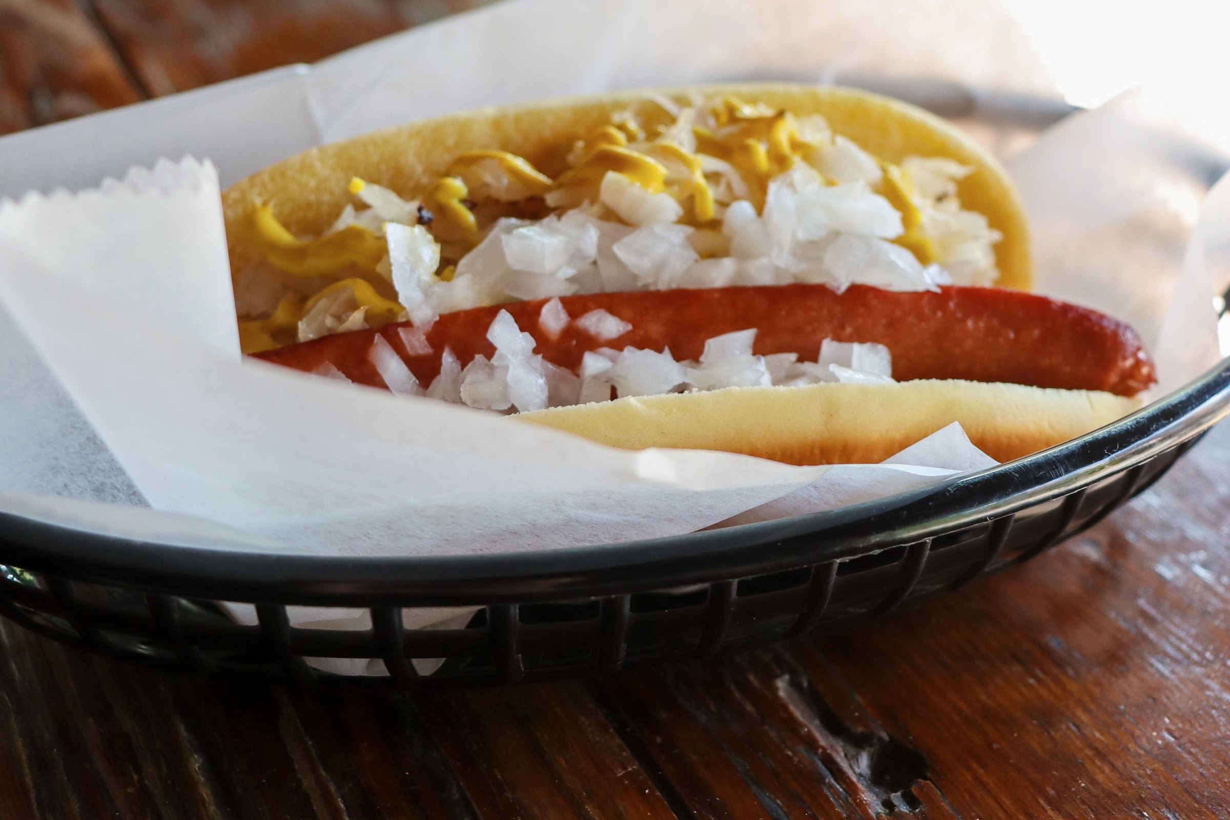 A classic Coney dog with mustard and onions at Jitters