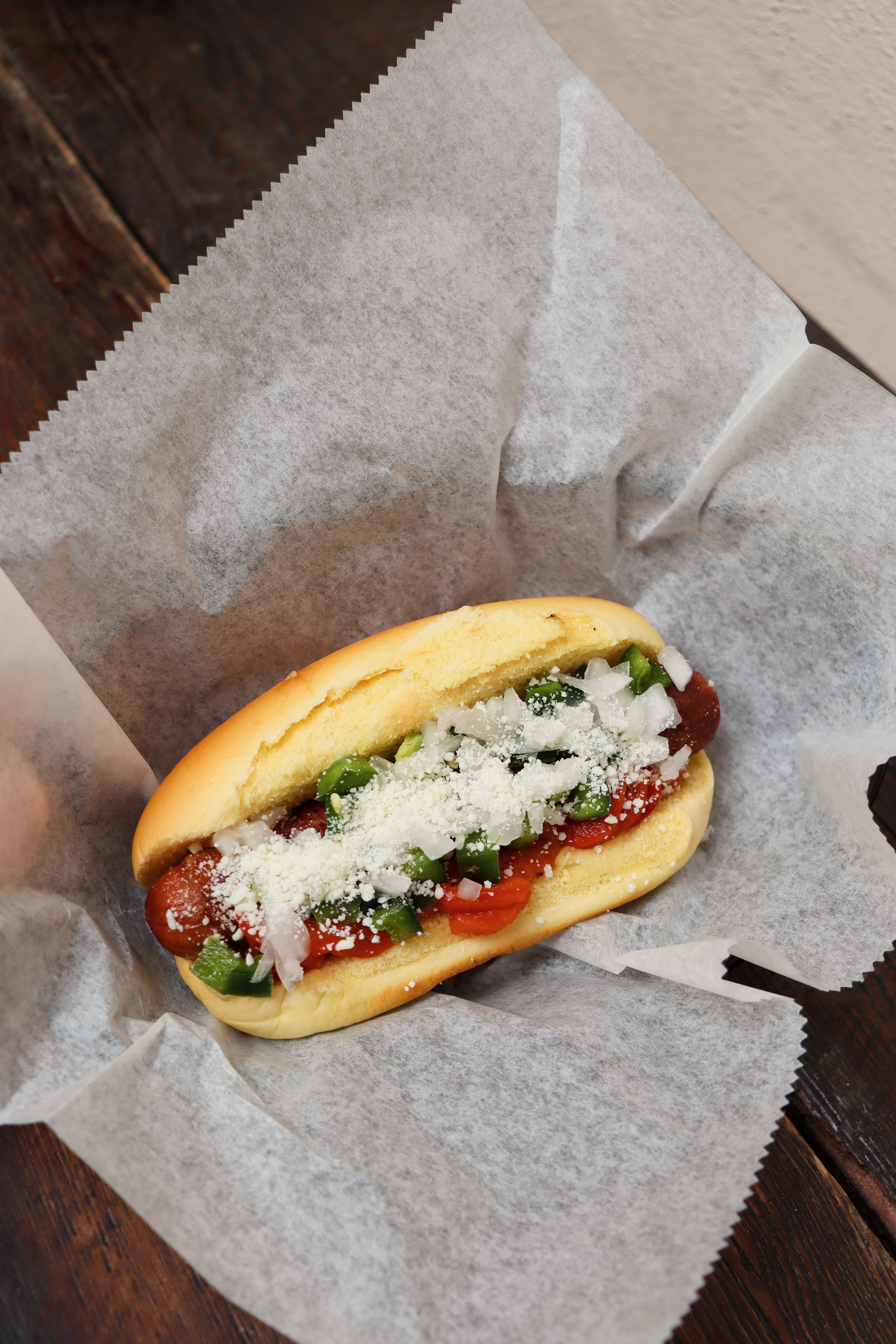 A loaded specialty dog at Jitters